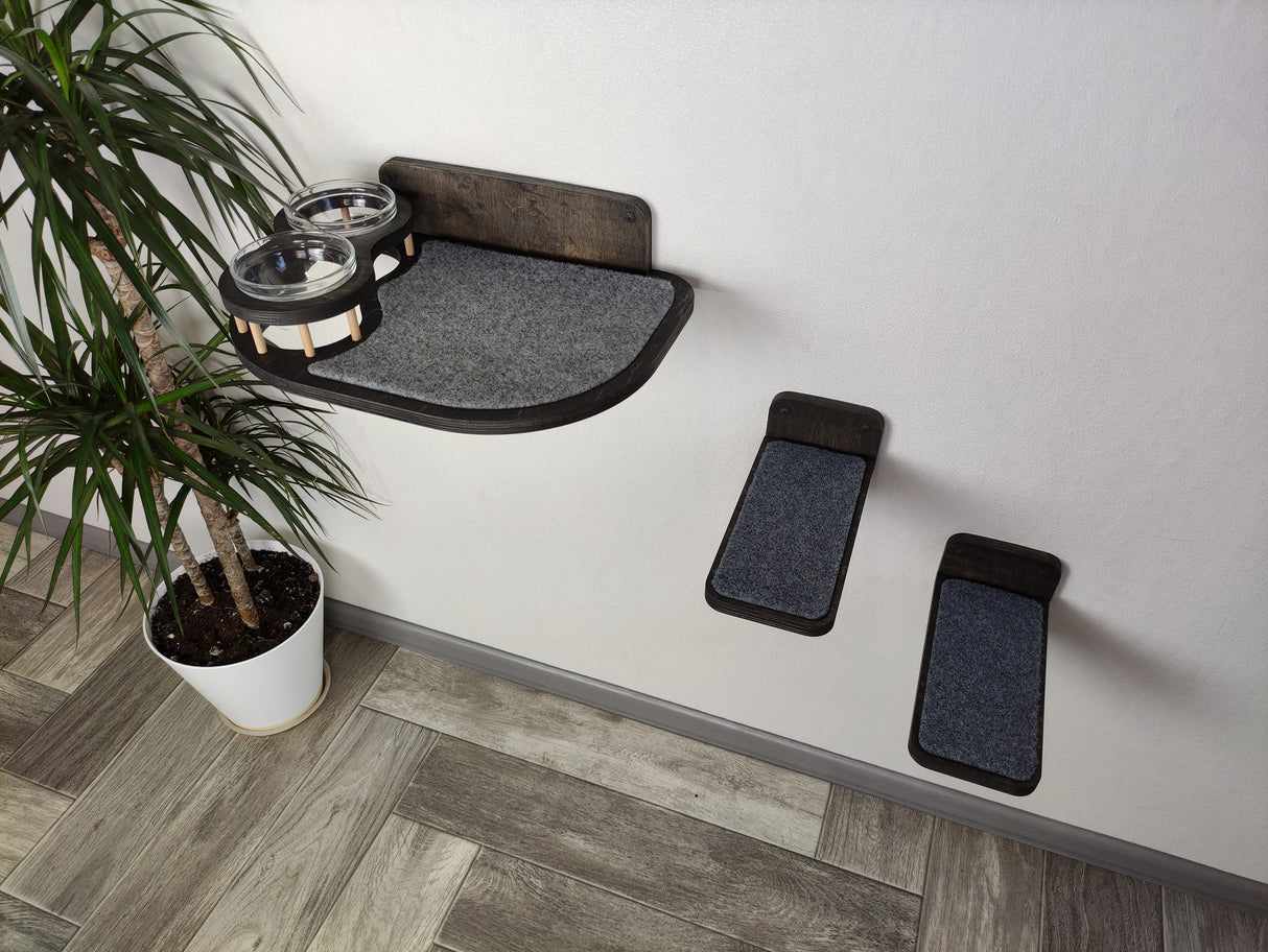 Set of shelf with bowls and 2 steps made of dark wood