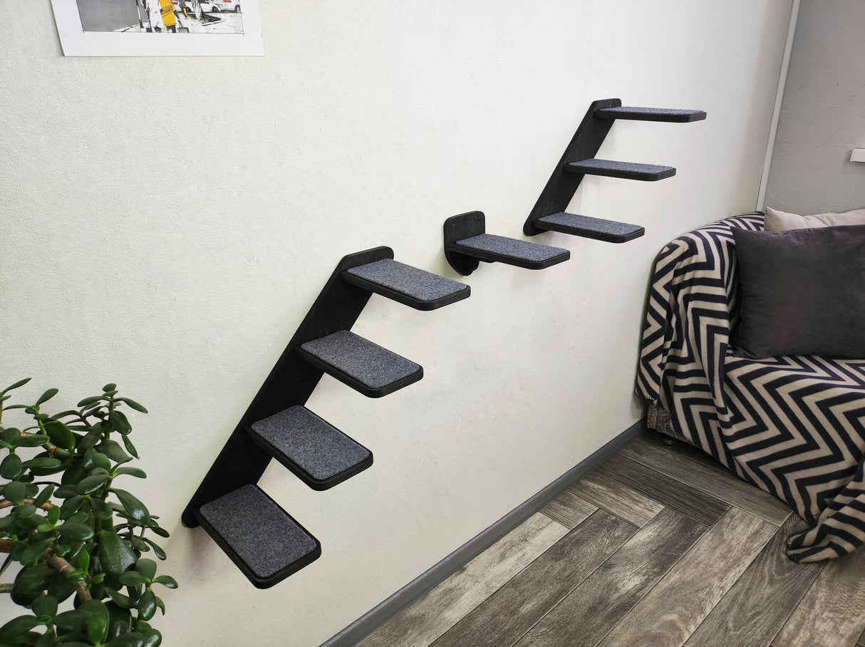 Set of 2 wooden cat ladders and 1 step platform for vertical climbing and interactive pet play.