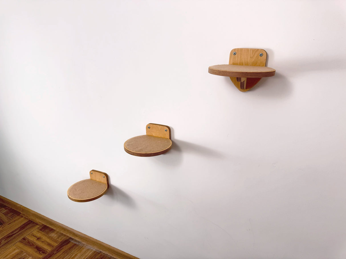 Wall-mounted cat steps: trio of round plywood platforms, eco-oil finish, secure carpet. Perfect for climbing
