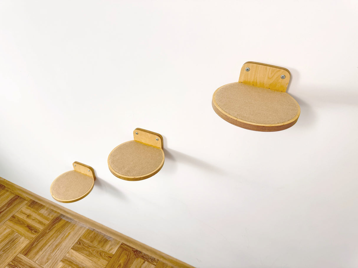 Round cat steps for wall, set of 3. Plywood, eco-friendly oil, secure carpet for active play and rest