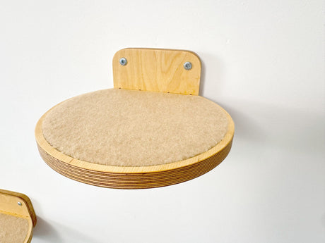 Cat activity furniture: single round wall step, natural wood, with a grippy carpet for easy cat access