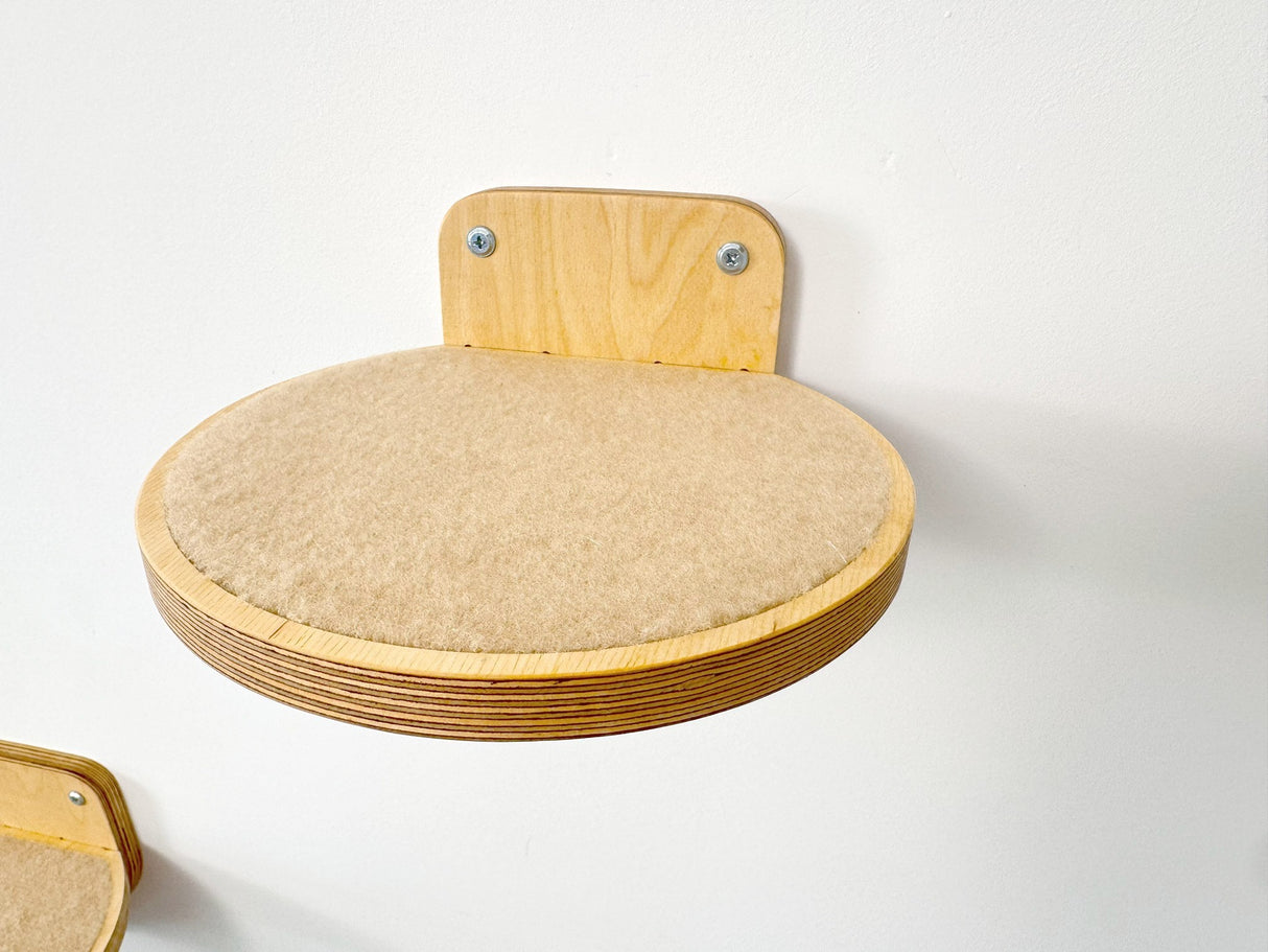 Cat activity furniture: single round wall step, natural wood, with a grippy carpet for easy cat access