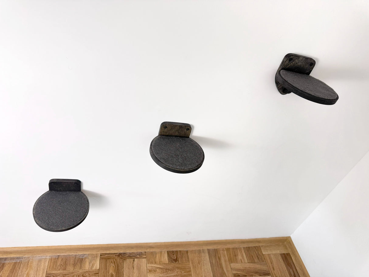 Elevate your cat's space with this set of 3 round wall steps. Durable plywood, secure carpet, stylish design