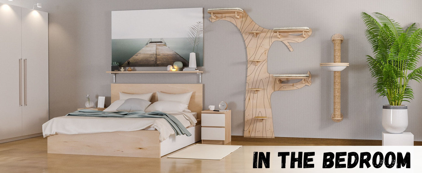 Modern bedroom with wooden bed, nightstands, and cat wall shelf.