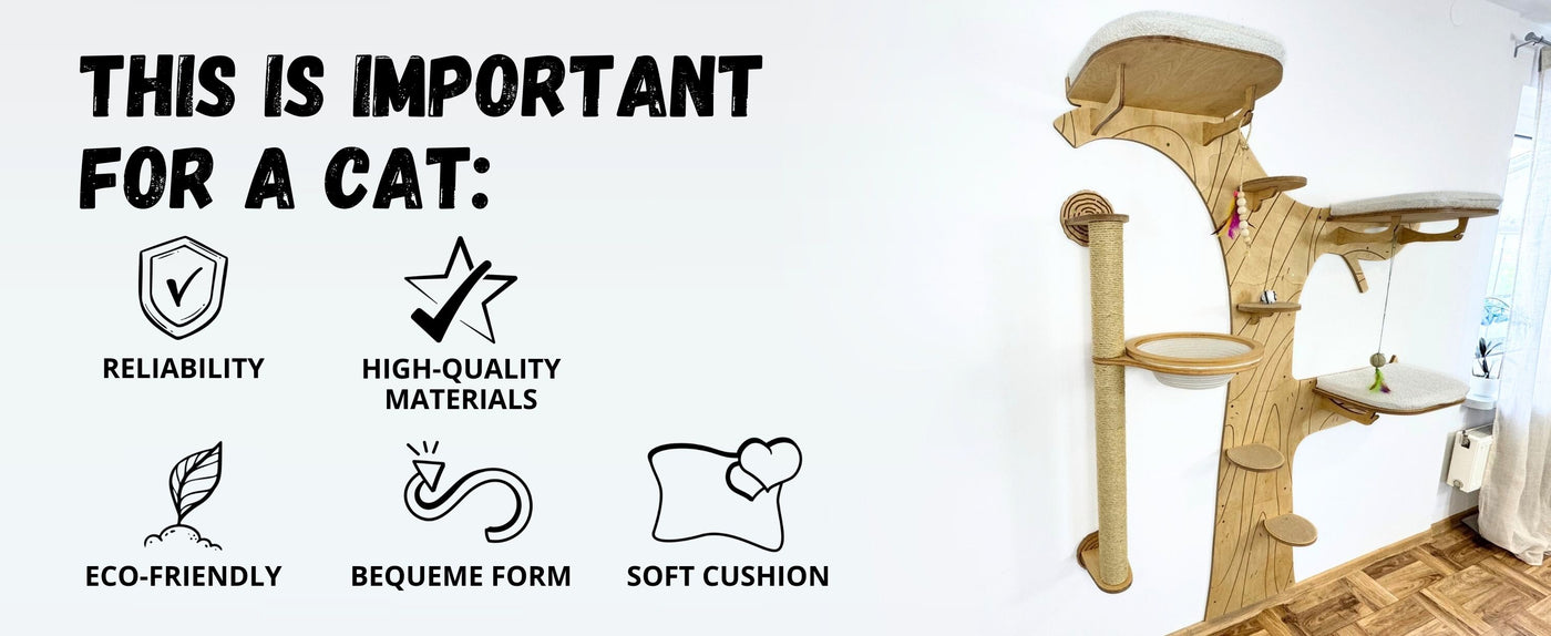 Cat tree with features listed as important for a cat on a white background