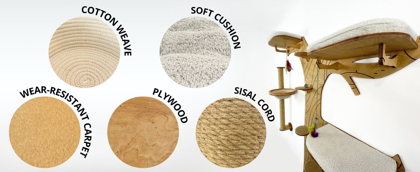 Cat tree with material options labeled on a white background