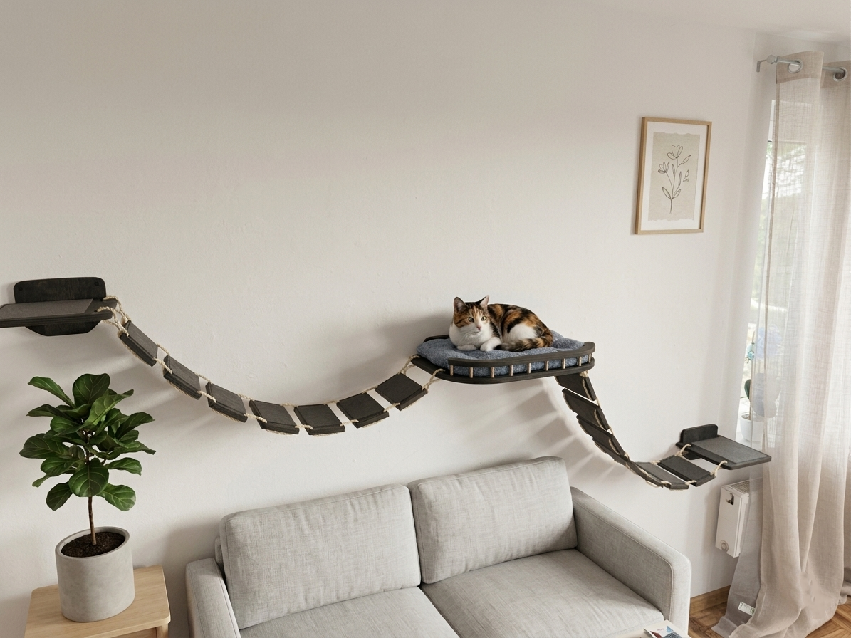 Cat lounging on a elevated cat shelf attached to a sofa in a living room.