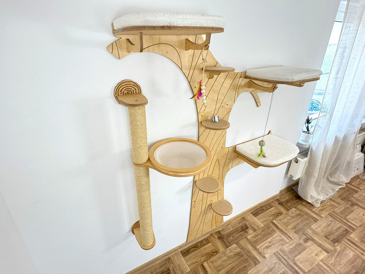 Set of cat tree with 3 beds and scratching post with round basket - natural wood look