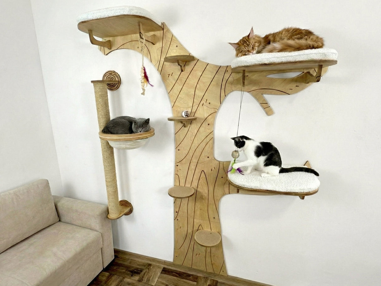 Cat tree with multiple levels and platforms, with cats on different levels.