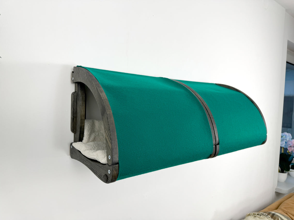 cat tunnel bed with green fabric