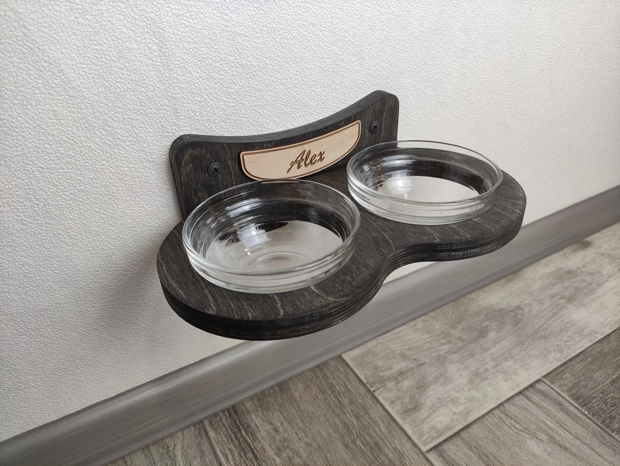 Elevated birch plywood cat feeder with two 200 ml glass bowls, Dark color