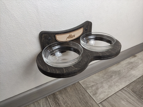 Elevated birch plywood cat feeder with two 200 ml glass bowls, Dark color