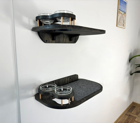 shelf with bowls for a cat made of natural wood