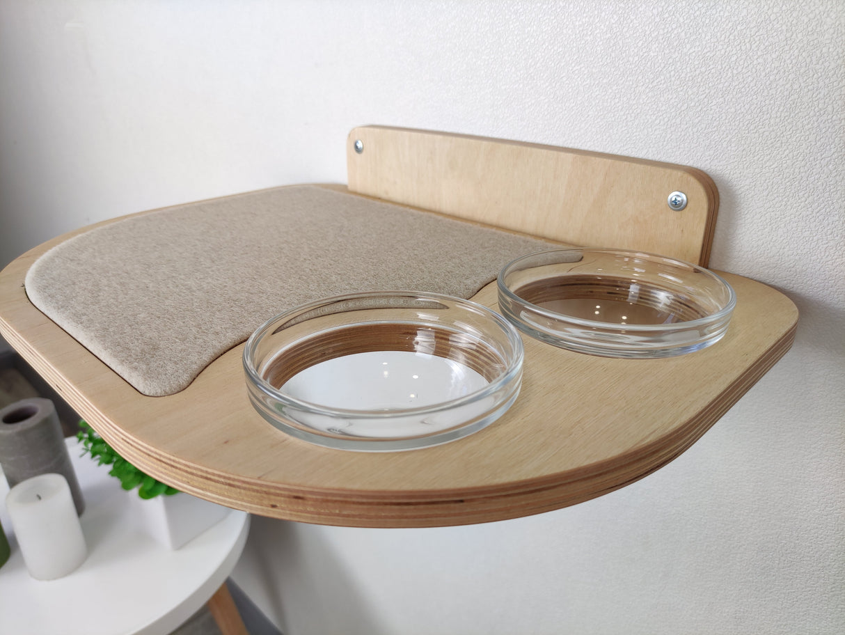 Functional cat feeding shelf for wall mounting, light wood tone, right-side glass dishes.