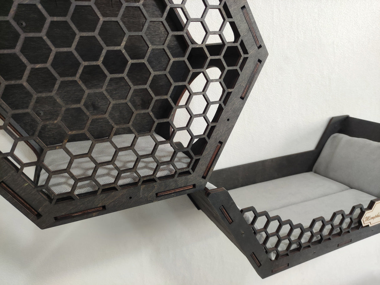 Dark wood colored hexagonal wall mounted cat perch set. 3 shelves and 3 steps for cat comfort.