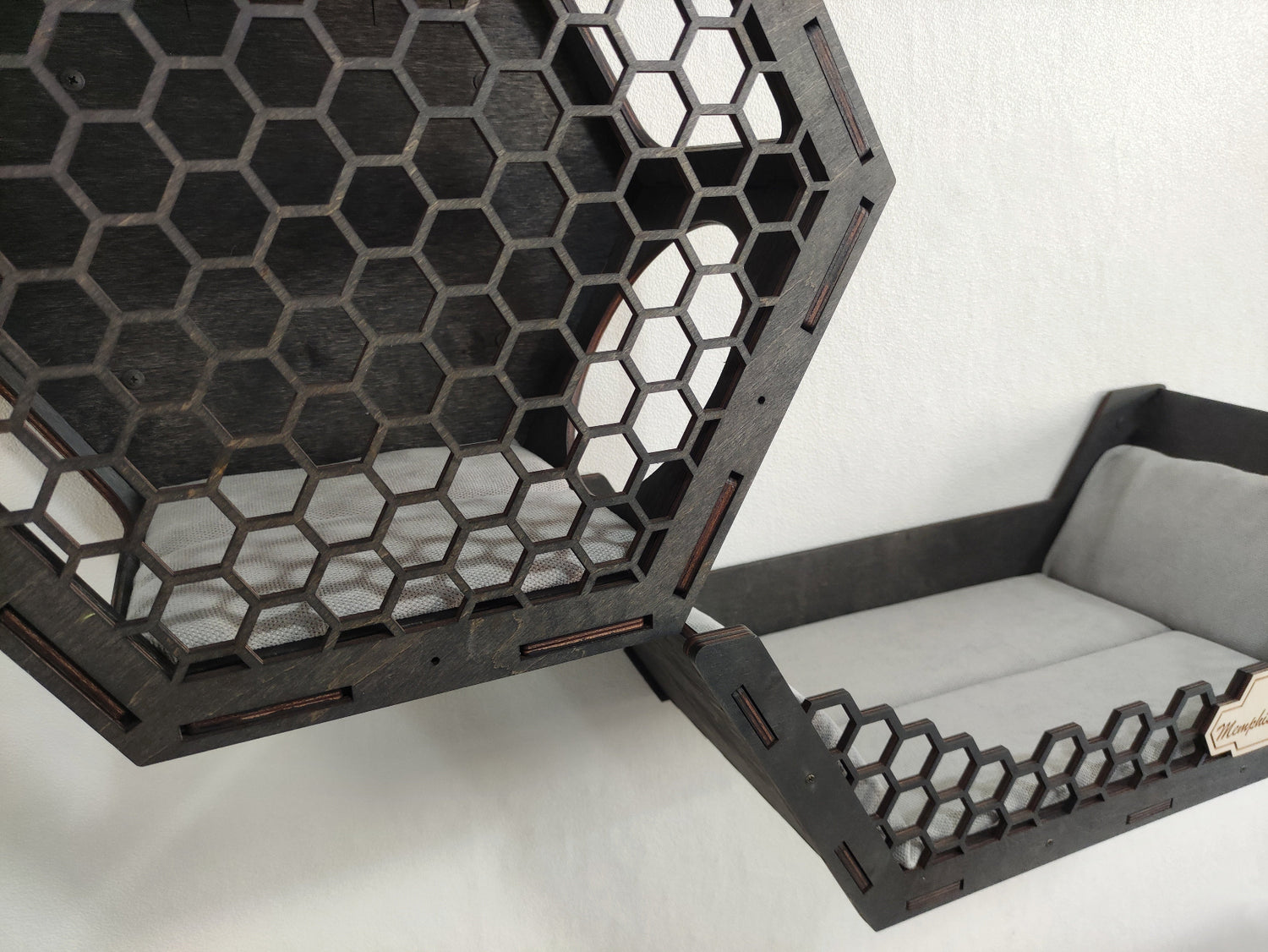 Dark wood colored hexagonal wall mounted cat perch set. 3 shelves and 3 steps for cat comfort.