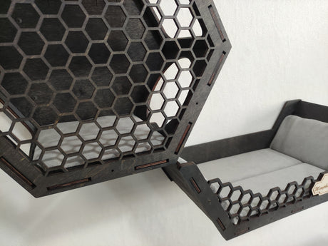 Dark wood colored hexagonal wall mounted cat perch set. 3 shelves and 3 steps for cat comfort.