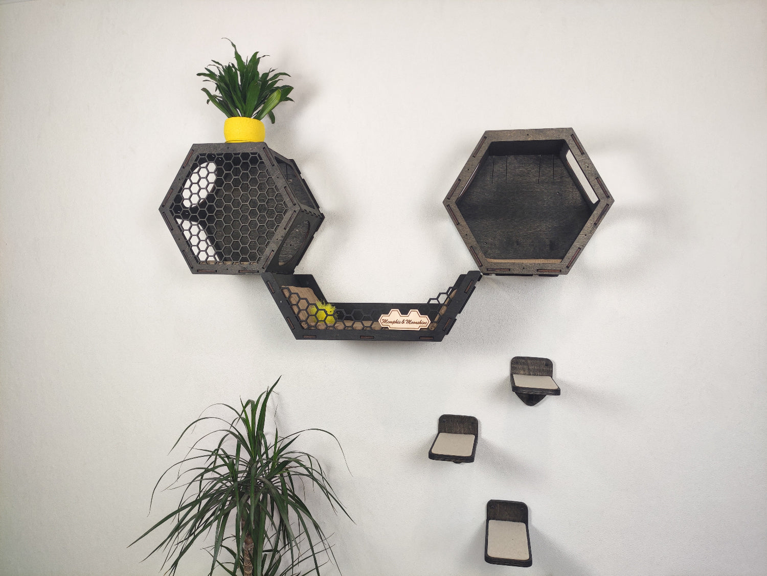 Dark wood colored hexagonal wall mounted cat perch set. 3 shelves and 3 steps for cat comfort.