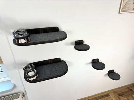 two cat wall shelves with bowls and steps