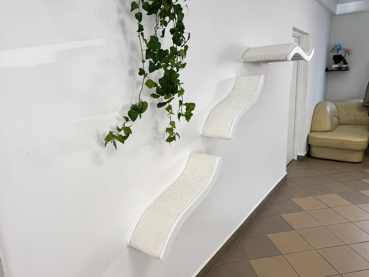 White reception desk with decorative elements in a waiting area