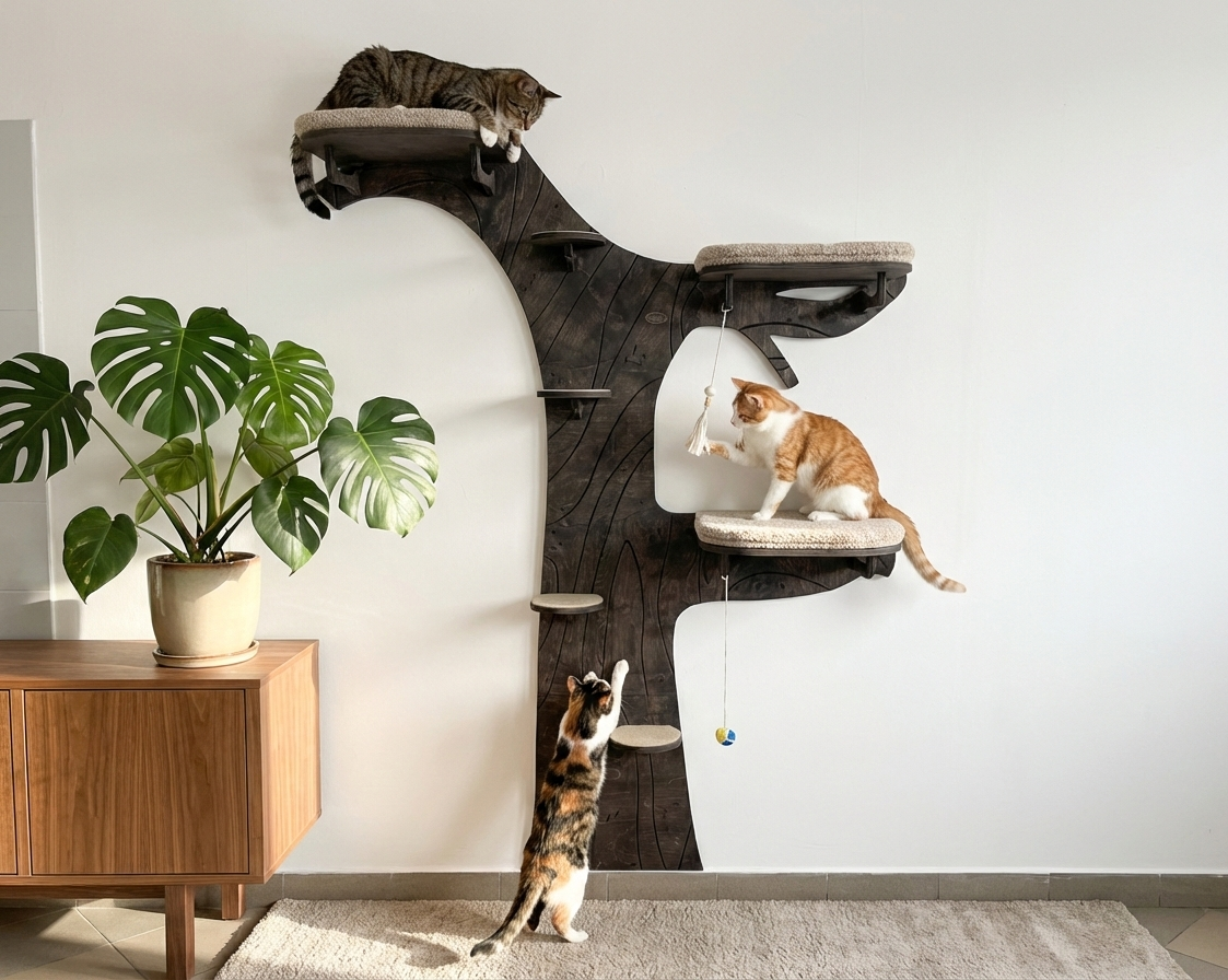 Cat wall tree with 3 soft beds, dark color of wood and beige cushion and carpets