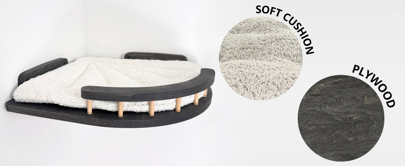 Cat bed with soft cushion and plywood frame, showing material textures on a white background.