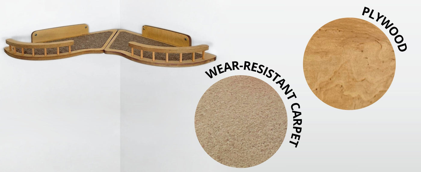 Comparison of wear-resistant carpet and plywood on a white background with cat wall furniture