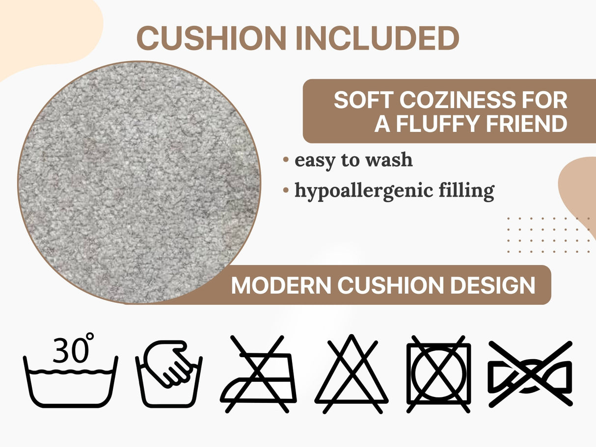 Product description with cushion included, soft coziness, washing instructions, and hypoallergenic filling details.