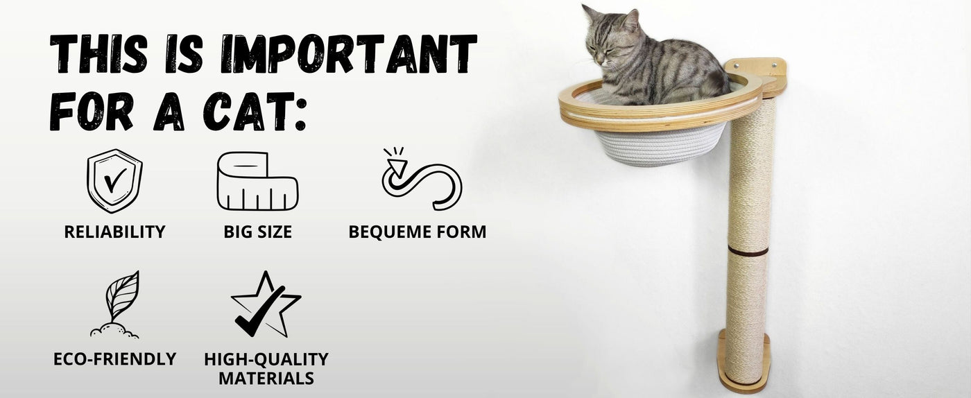 Cat tree with a cat on top, featuring text and icons about important qualities for a cat.