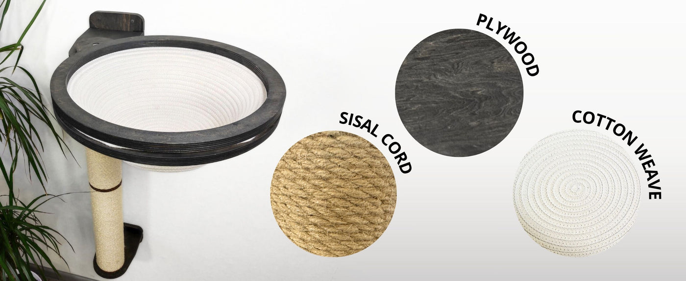 Cat tree with sisal rope and cotton weave options displayed on a white background