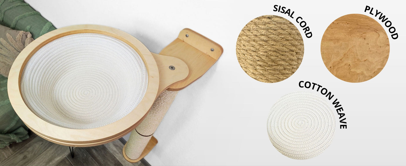 Cat wall Basket with sisal cord, plywood, and cotton weave on a white background