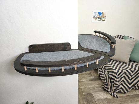 dark cat shelf with grey carpet