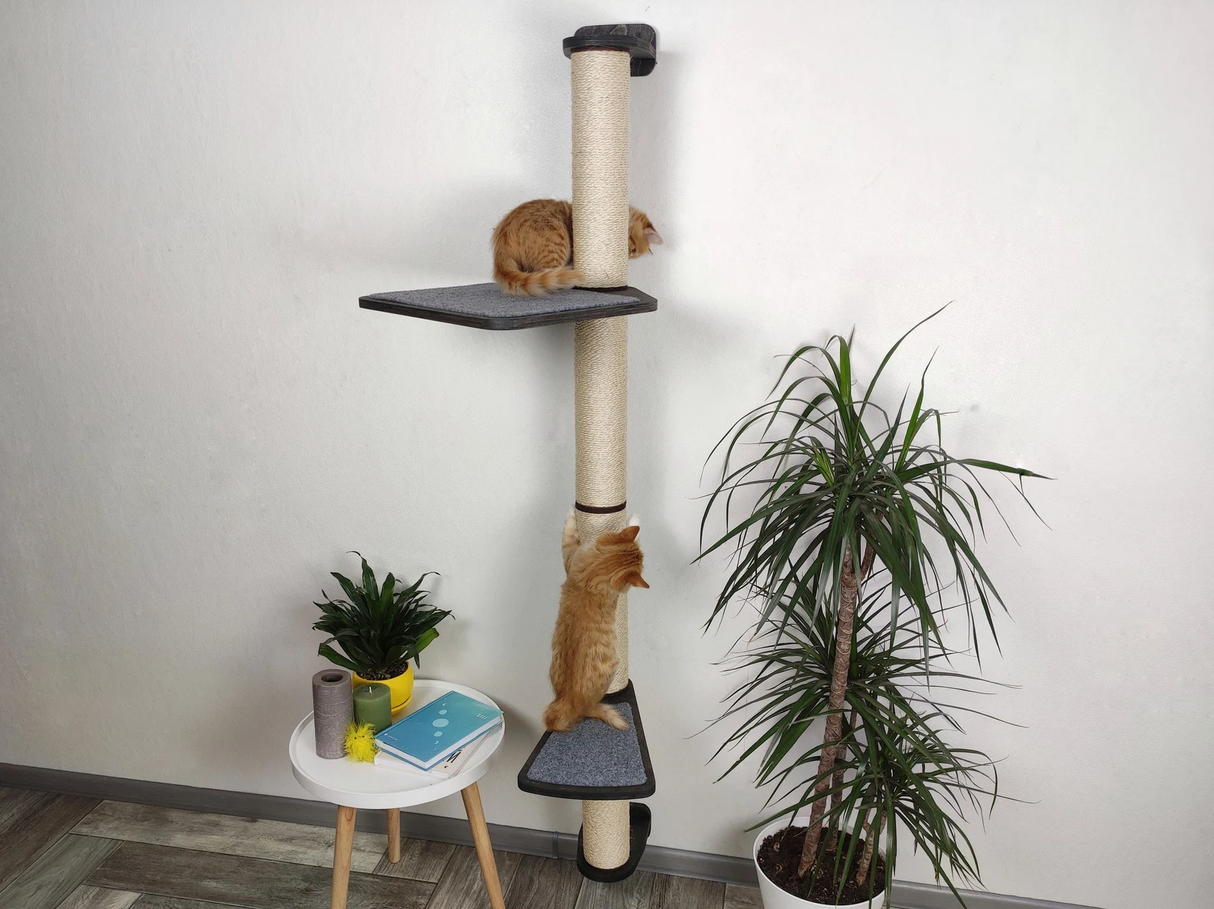 Vertical cat scratching post with 2 shelves