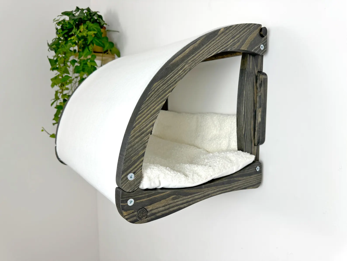 cat wall cave with white fabric and soft white sushion