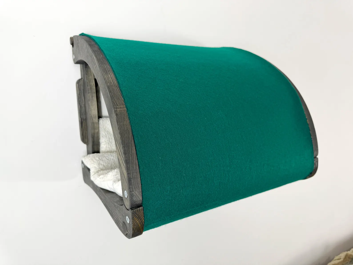 cat tunel bed with green fabric