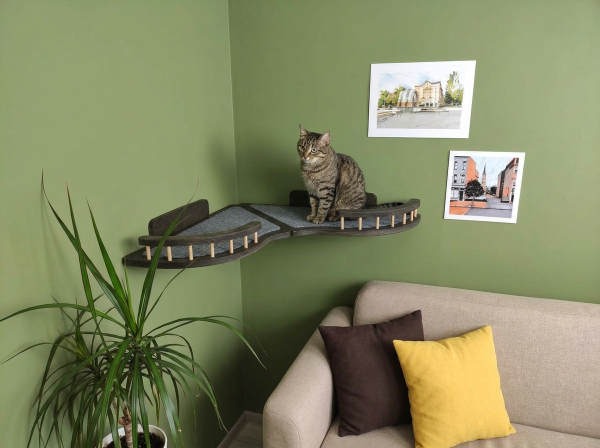 Cat on a shelf against a green wall with a plant and sofa in the foreground