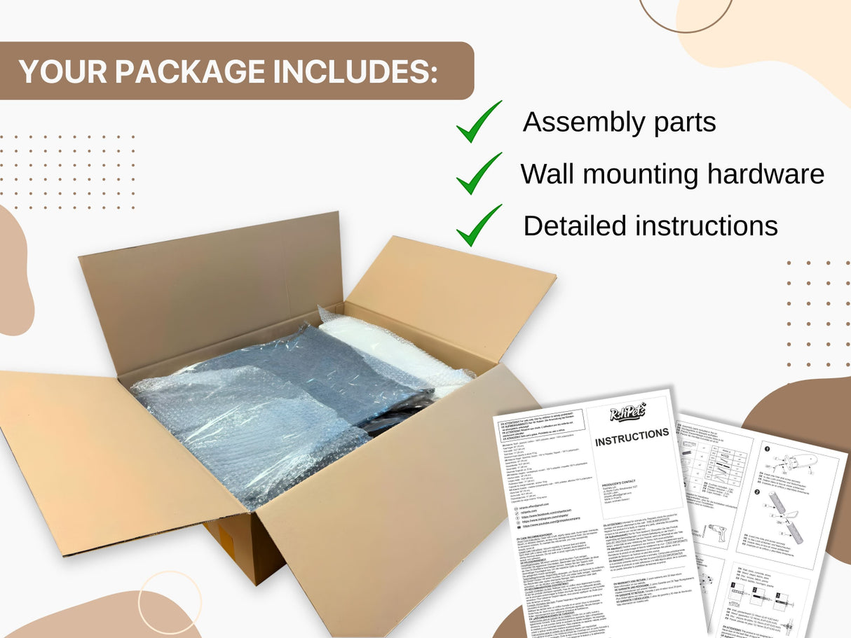 Open cardboard box with assembly parts and wall mounting hardware, accompanied by detailed instructions on a white background.