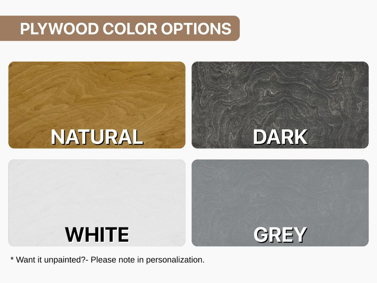 Plywood color options including natural, dark, white, and grey with labels.