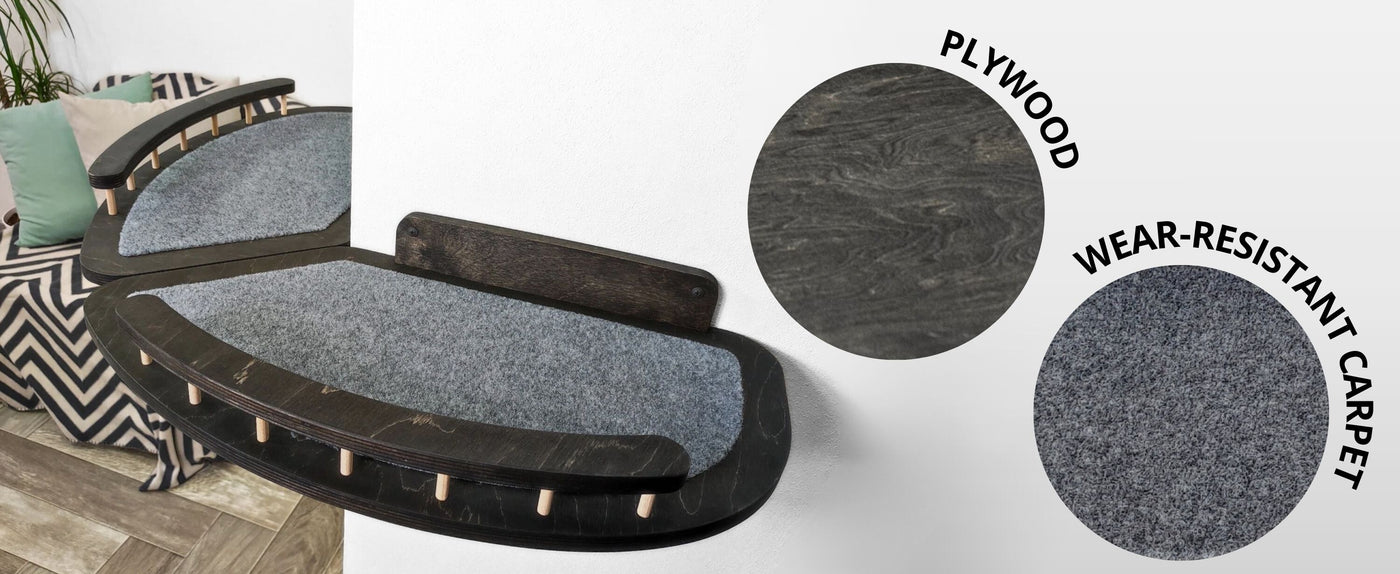 Cat corner wall shelves and wear-resistant carpet, labeled 'Plywood' and 'Wear-Resistant Carpet'.