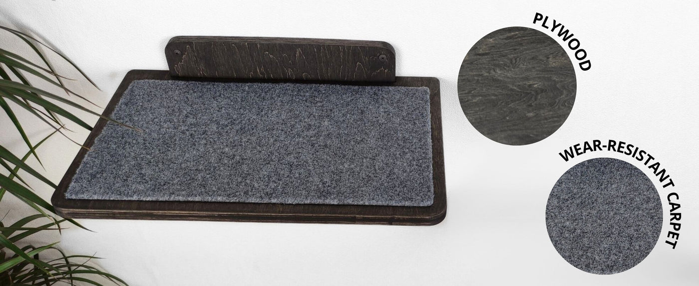 Cat bed with wear-resistant carpet and plywood layers on a white background