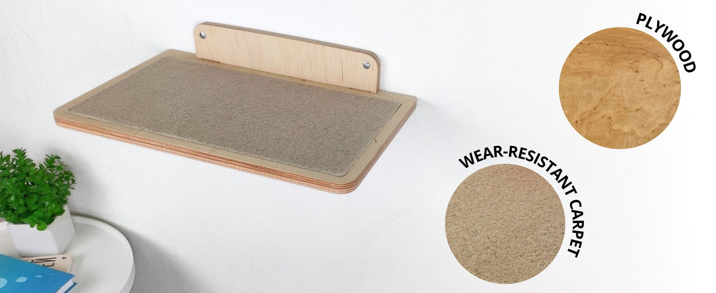 Wall-mounted cat bed with wear-resistant carpet and plywood components on a white background.