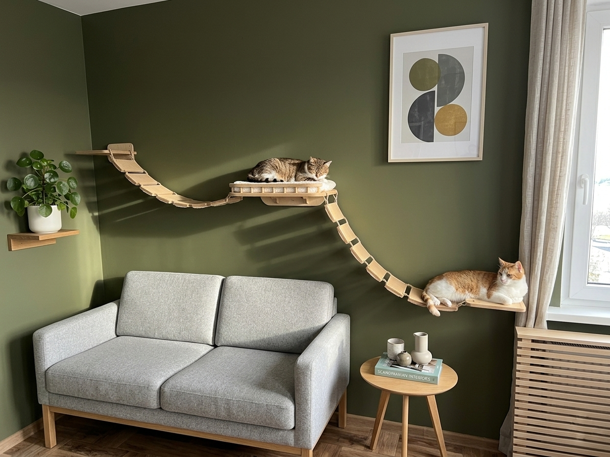 Gray sofa with a cat tree and two cats on a green wall with a framed picture.