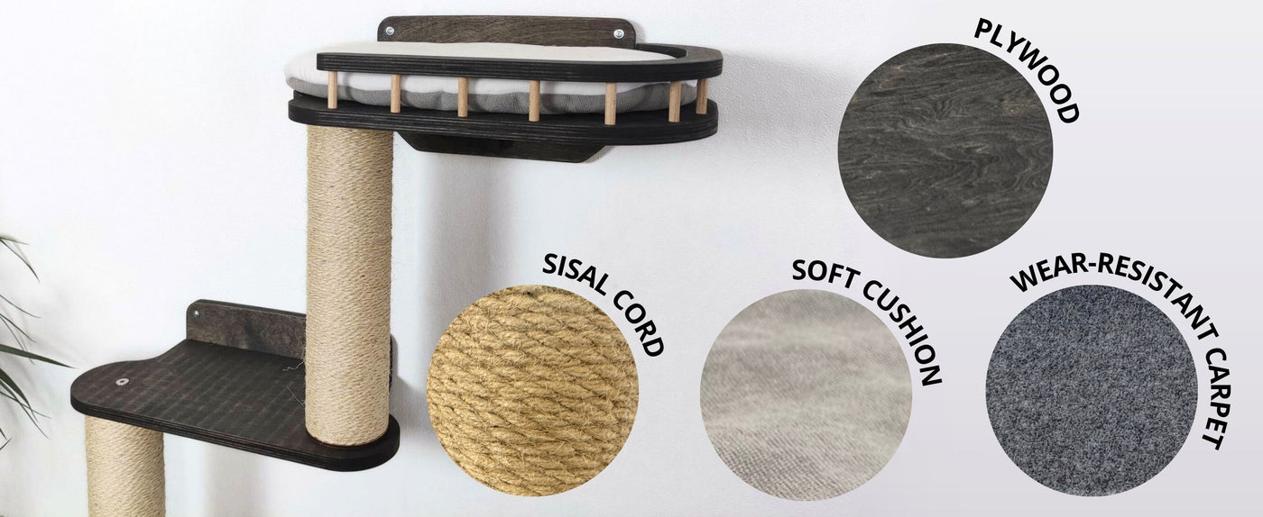 Cat tree with materials used in construction labeled on a white background