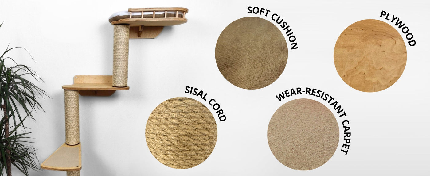 Cat tree with material swatches labeled 'Sisal cord', 'Soft cushion', 'Wear-resistant carpet', and 'Plywood' on a white background.