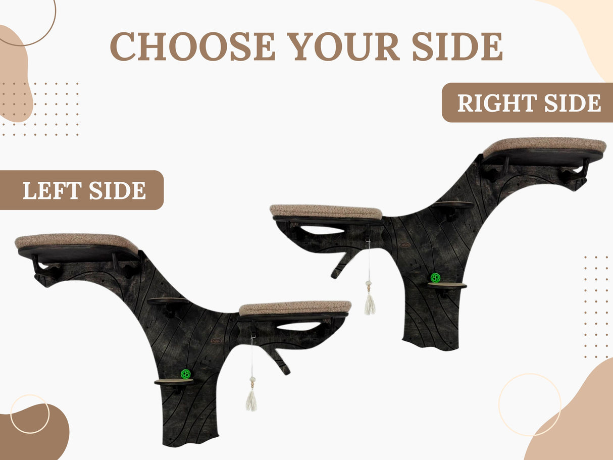 Wooden pet climbing structure with 'Choose Your Side' text on a light background