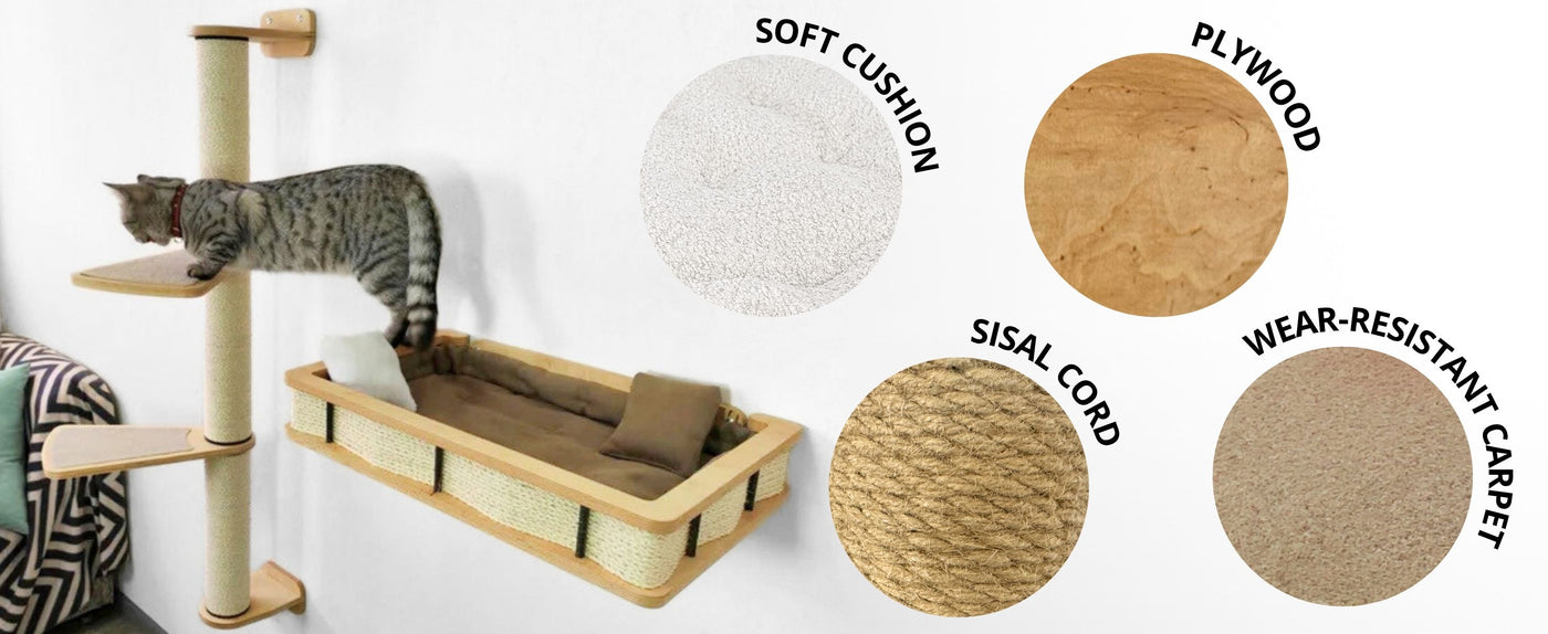 Cat playing on a wooden cat tree with material swatches labeled 'Soft Cushion', 'Plywood', 'Sisal Cord', and 'Wear-Resistant Carpet'.