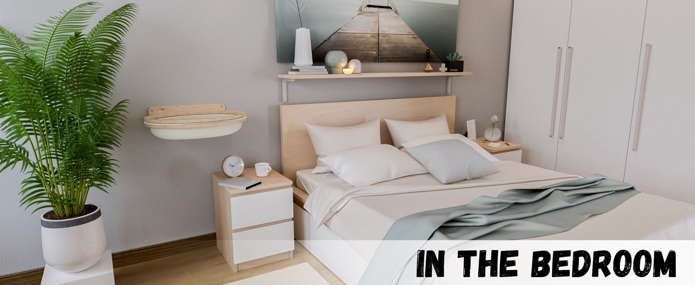 Modern bedroom with bed, nightstands, and cat wall bed