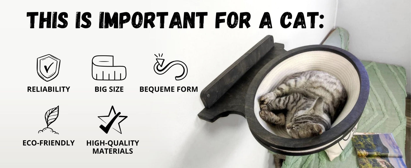 Cat using a pet bed with text highlighting features like reliability, size, comfort, eco-friendliness, and material quality.