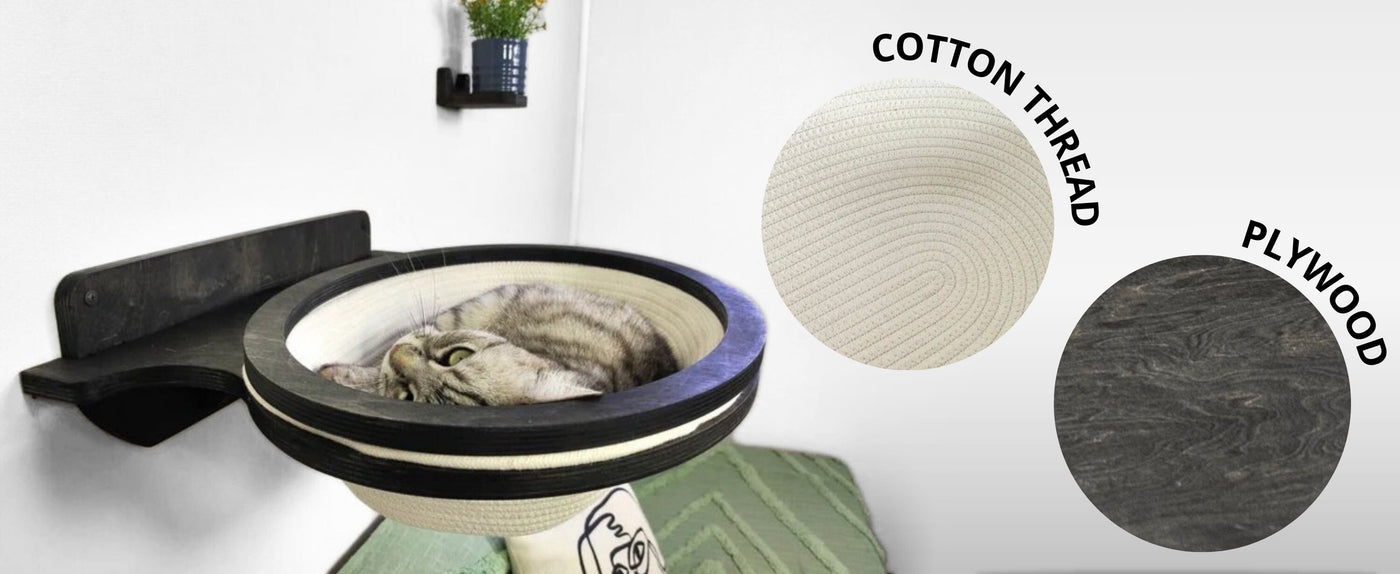 Cat basket with black frame and white basin, cotton thread, and plywood textures displayed.