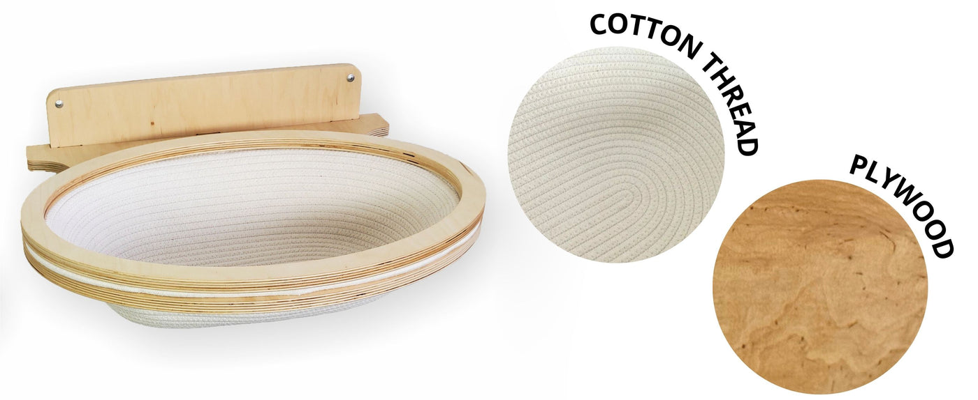 Cat wall basket with cotton thread and plywood components on a white background